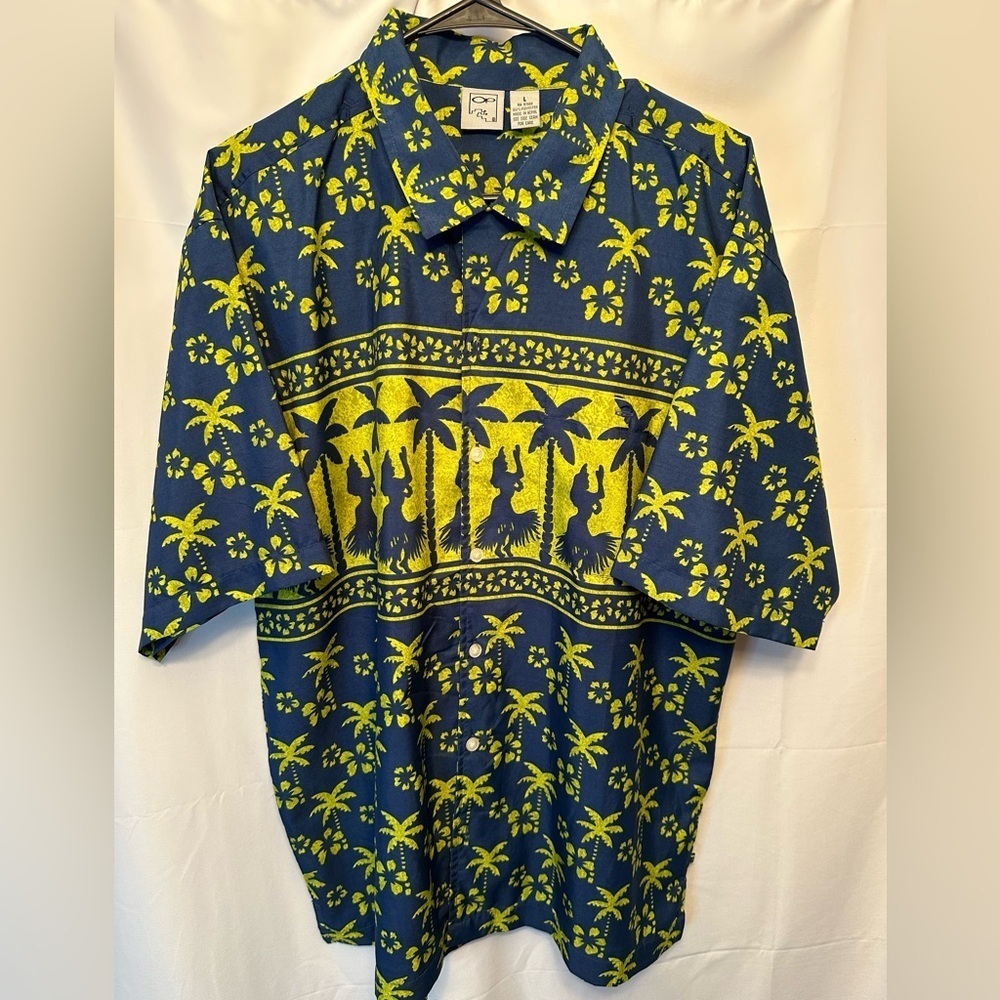 OP Men’s Hawaiian Shirt Size L/XL Button Up Hula Girl Tropical Blue Yellow - Picture 1 of 7